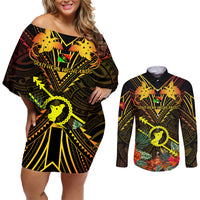 Papua New Guinea Southern Highlands Province Couples Matching Off Shoulder Short Dress and Long Sleeve Button Shirts Papua Niugini Coat Of Arms With Flag Style - Wonder Print Shop