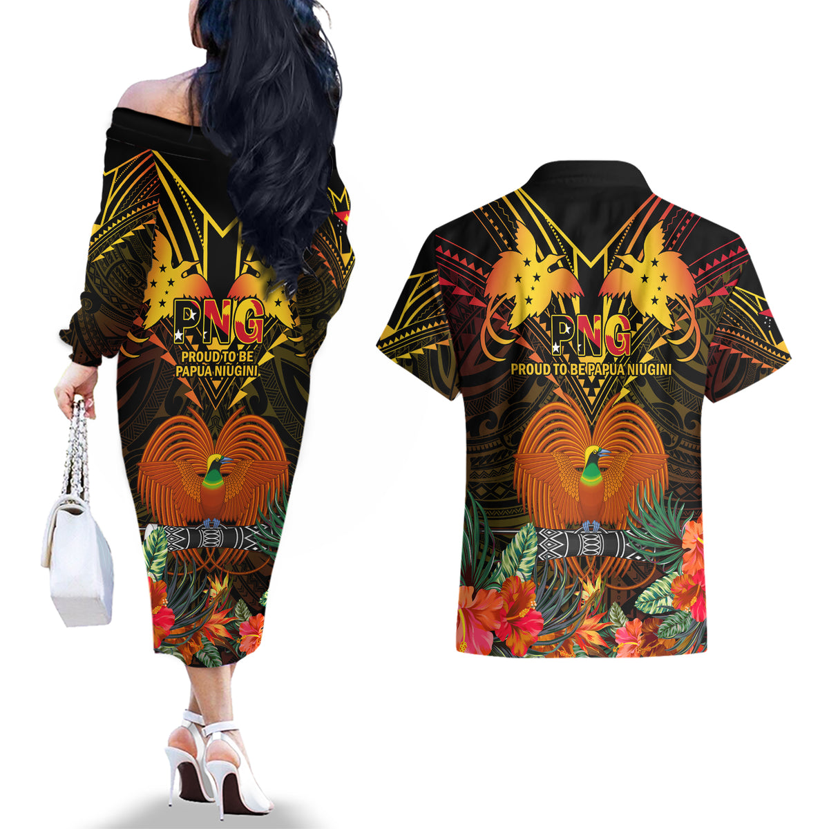 Papua New Guinea Southern Highlands Province Couples Matching Off The Shoulder Long Sleeve Dress and Hawaiian Shirt Papua Niugini Coat Of Arms With Flag Style - Wonder Print Shop