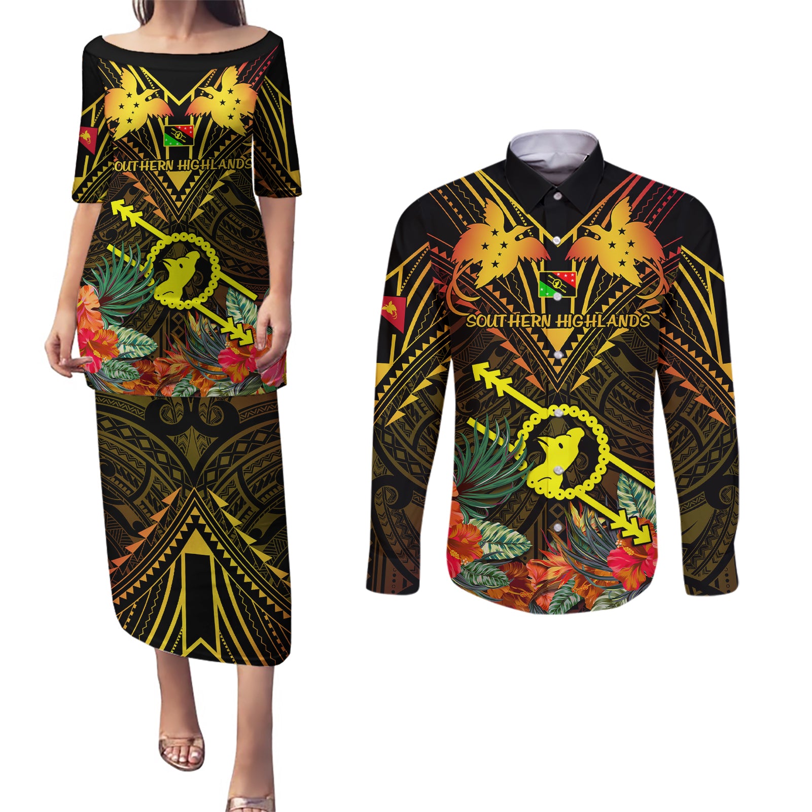 Papua New Guinea Southern Highlands Province Couples Matching Puletasi Dress and Long Sleeve Button Shirts Papua Niugini Coat Of Arms With Flag Style - Wonder Print Shop