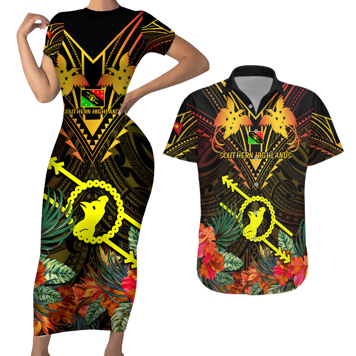 Papua New Guinea Southern Highlands Province Couples Matching Short Sleeve Bodycon Dress and Hawaiian Shirt Papua Niugini Coat Of Arms With Flag Style - Wonder Print Shop