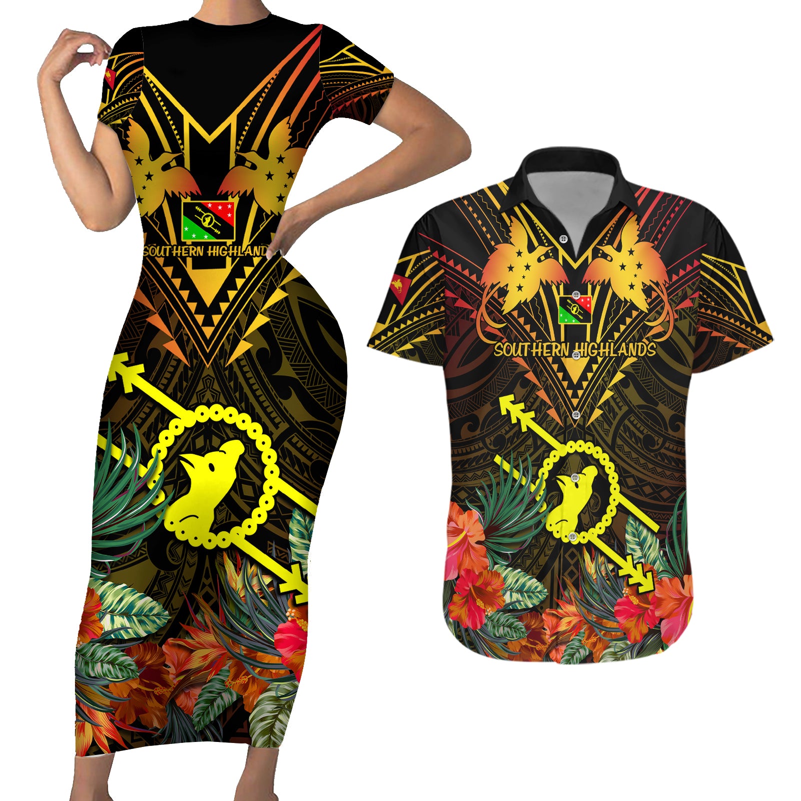 Papua New Guinea Southern Highlands Province Couples Matching Short Sleeve Bodycon Dress and Hawaiian Shirt Papua Niugini Coat Of Arms With Flag Style - Wonder Print Shop