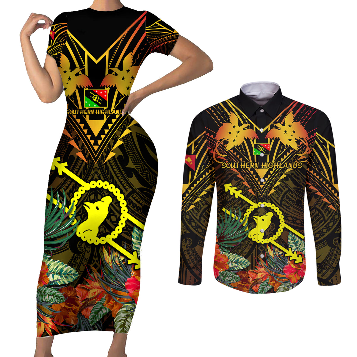 Papua New Guinea Southern Highlands Province Couples Matching Short Sleeve Bodycon Dress and Long Sleeve Button Shirts Papua Niugini Coat Of Arms With Flag Style - Wonder Print Shop