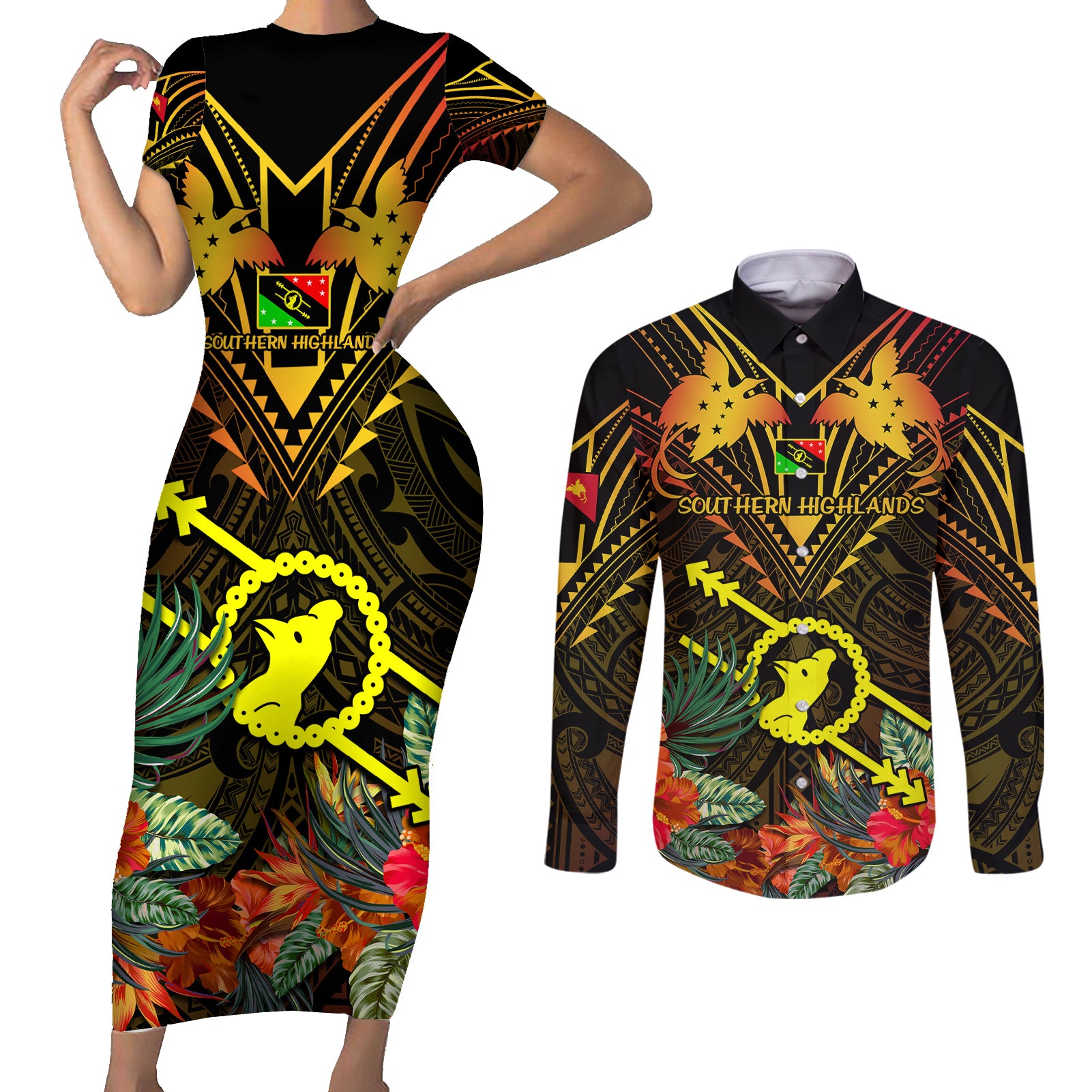 Papua New Guinea Southern Highlands Province Couples Matching Short Sleeve Bodycon Dress and Long Sleeve Button Shirts Papua Niugini Coat Of Arms With Flag Style - Wonder Print Shop