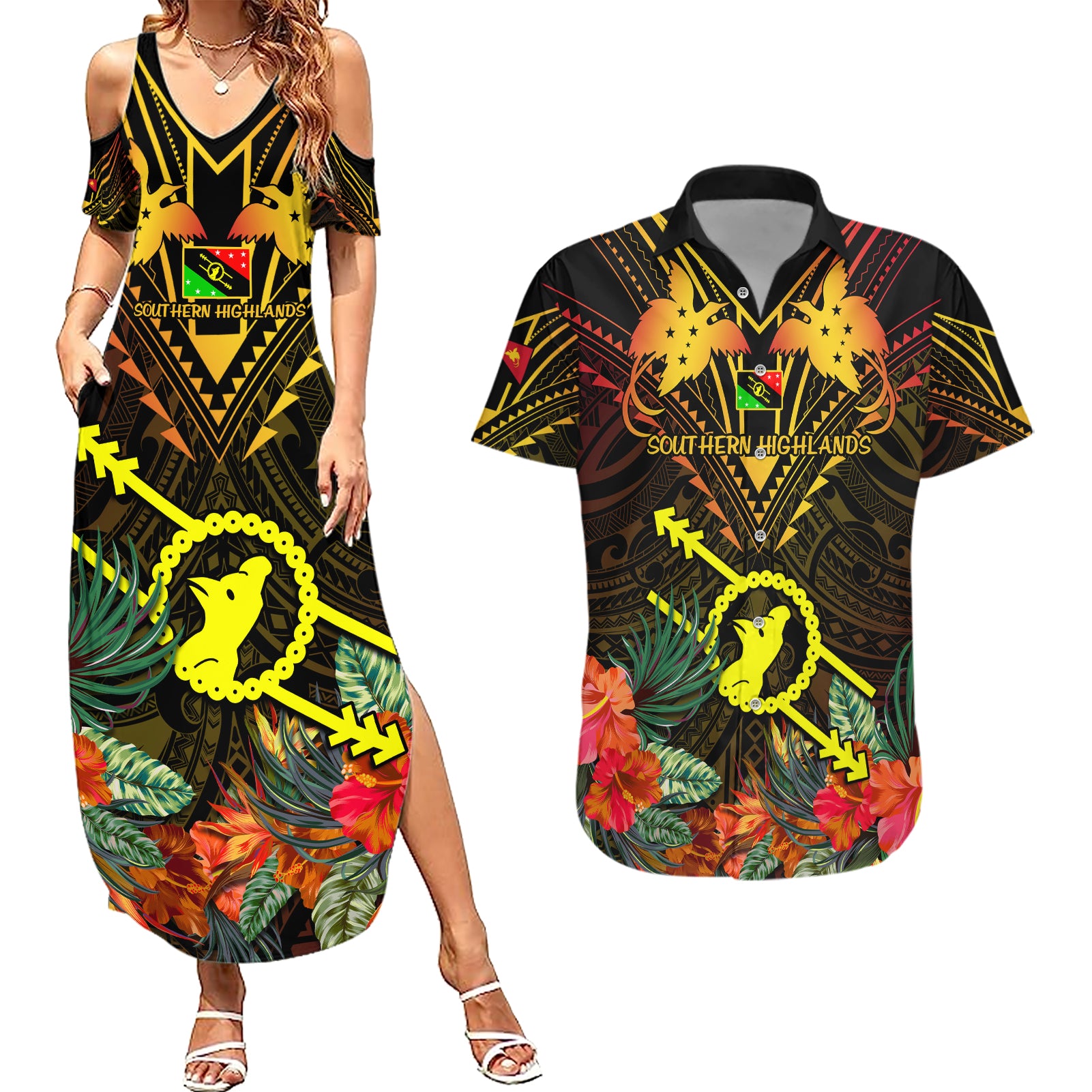 Papua New Guinea Southern Highlands Province Couples Matching Summer Maxi Dress and Hawaiian Shirt Papua Niugini Coat Of Arms With Flag Style - Wonder Print Shop