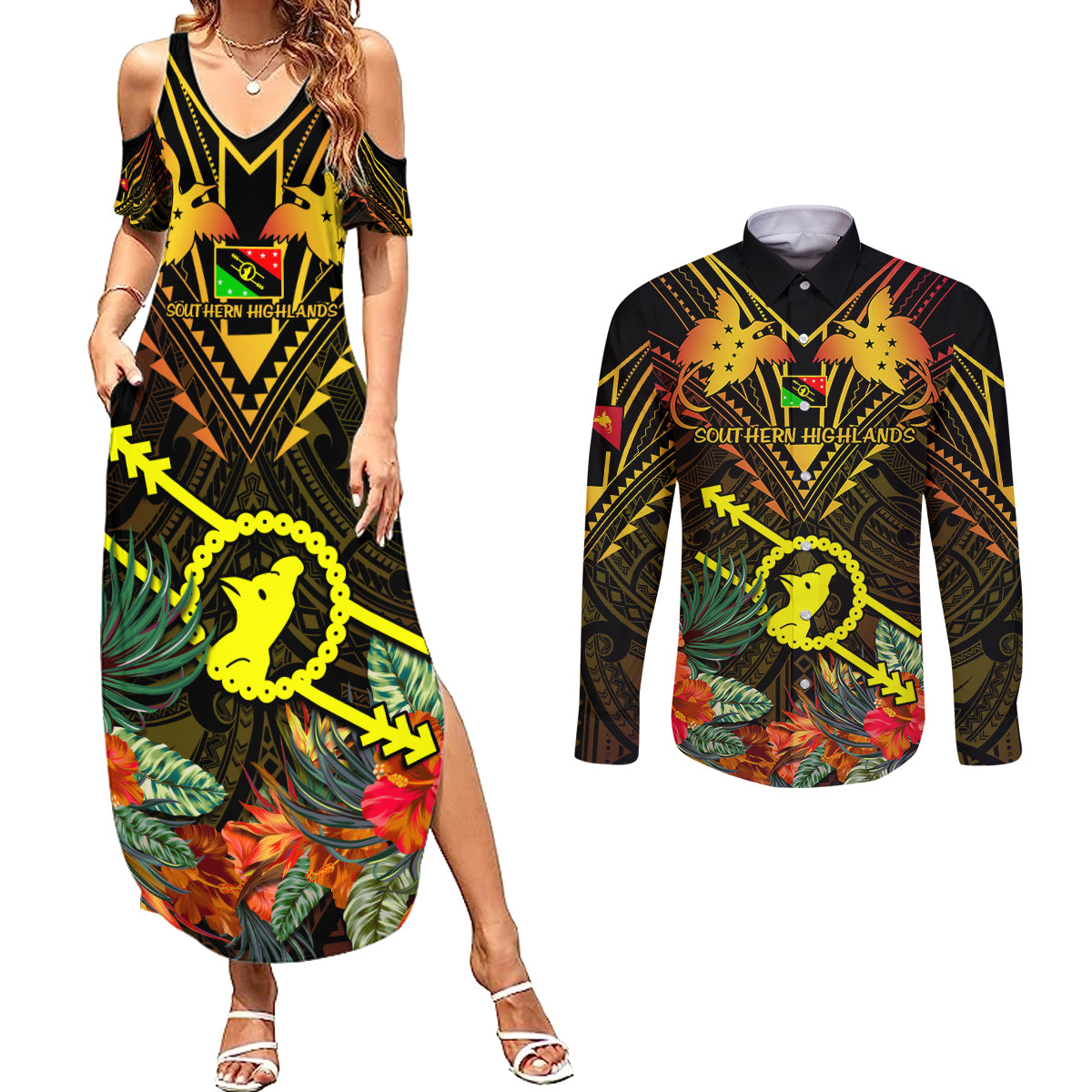 Papua New Guinea Southern Highlands Province Couples Matching Summer Maxi Dress and Long Sleeve Button Shirts Papua Niugini Coat Of Arms With Flag Style - Wonder Print Shop