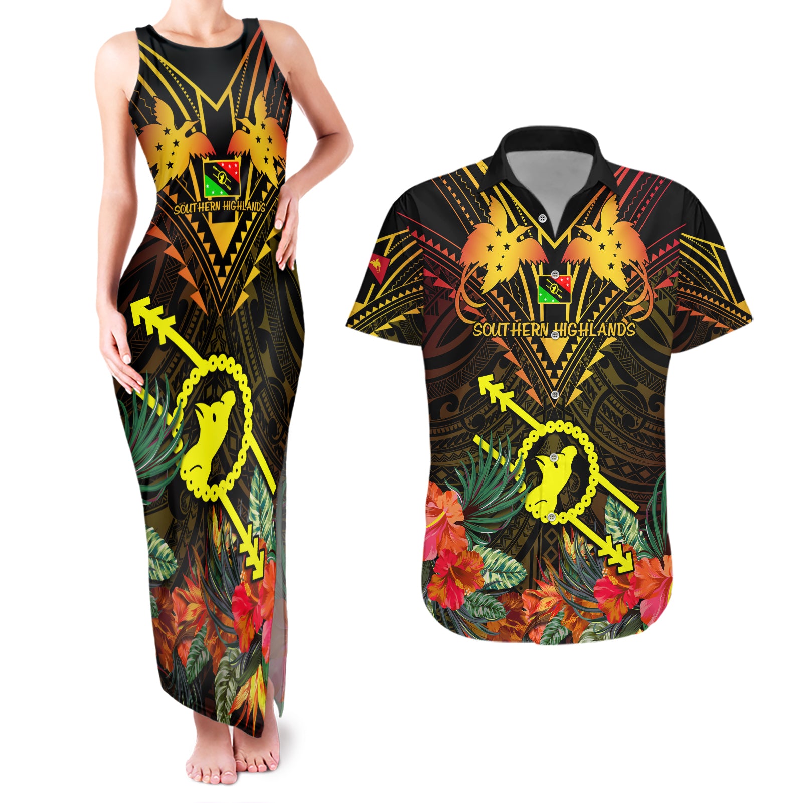 Papua New Guinea Southern Highlands Province Couples Matching Tank Maxi Dress and Hawaiian Shirt Papua Niugini Coat Of Arms With Flag Style - Wonder Print Shop