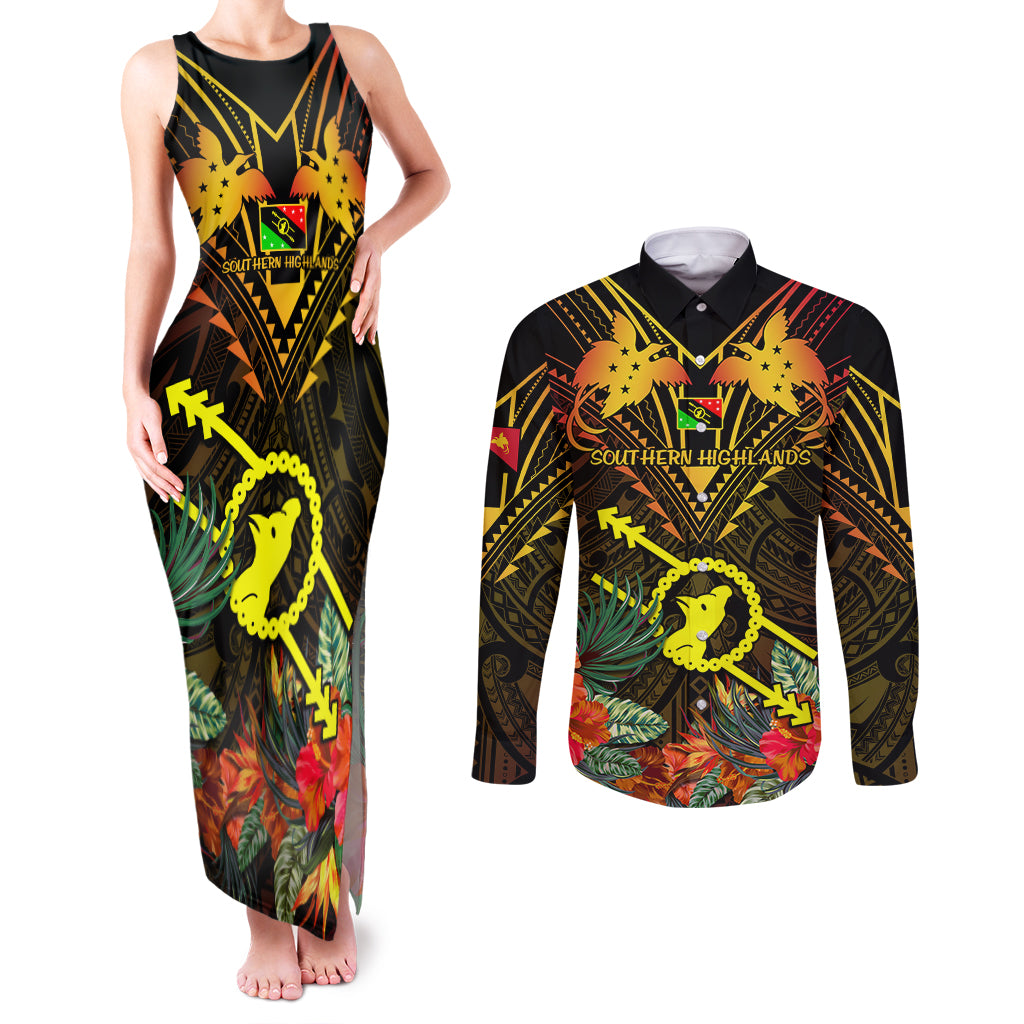 Papua New Guinea Southern Highlands Province Couples Matching Tank Maxi Dress and Long Sleeve Button Shirts Papua Niugini Coat Of Arms With Flag Style - Wonder Print Shop