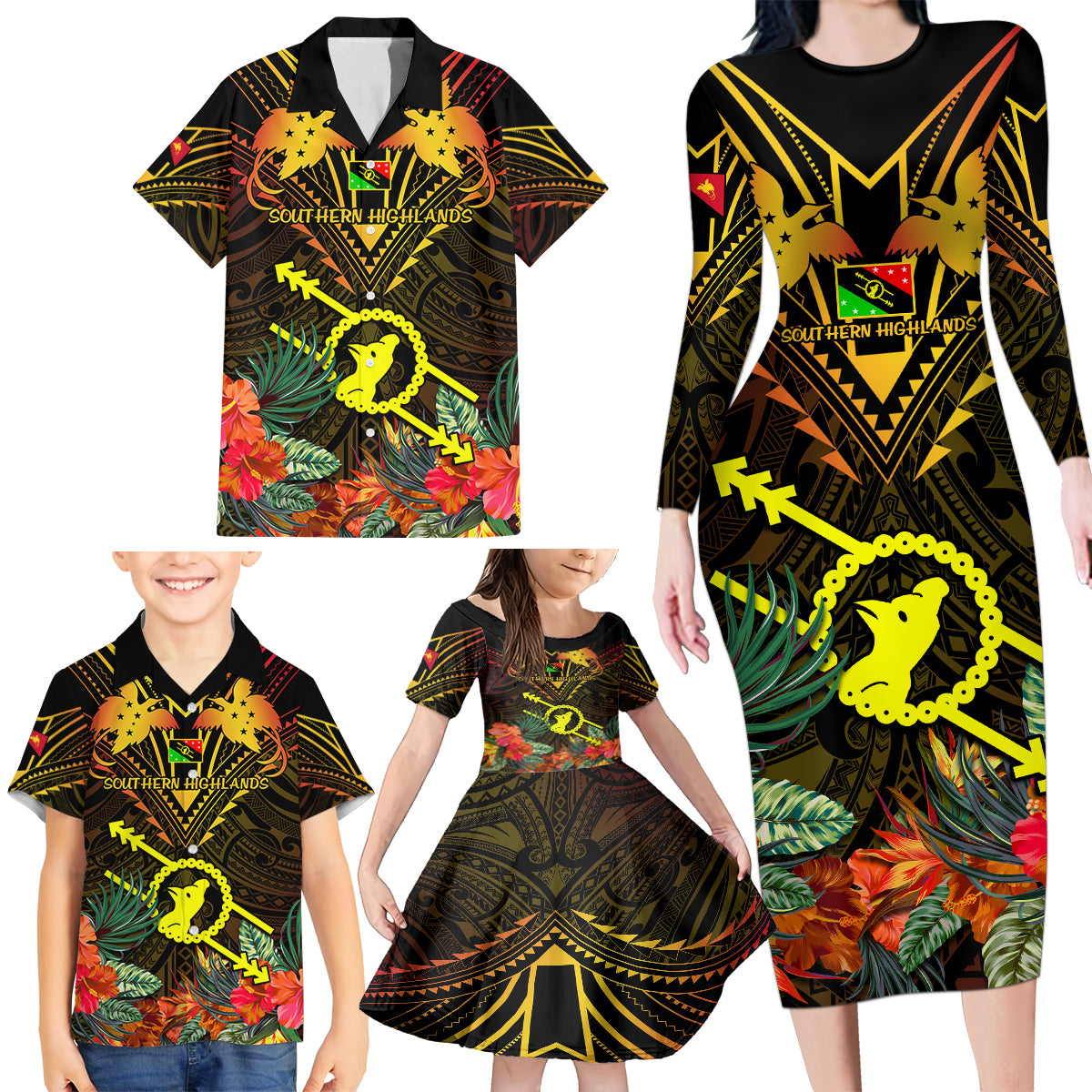 Papua New Guinea Southern Highlands Province Family Matching Long Sleeve Bodycon Dress and Hawaiian Shirt Papua Niugini Coat Of Arms With Flag Style - Wonder Print Shop