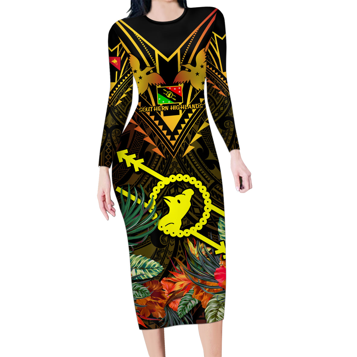 Papua New Guinea Southern Highlands Province Family Matching Long Sleeve Bodycon Dress and Hawaiian Shirt Papua Niugini Coat Of Arms With Flag Style - Wonder Print Shop