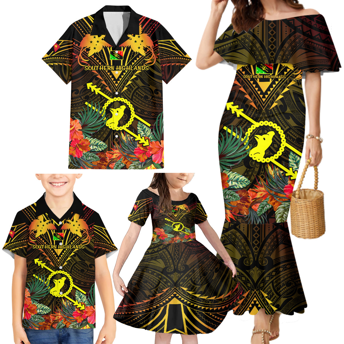 Papua New Guinea Southern Highlands Province Family Matching Mermaid Dress and Hawaiian Shirt Papua Niugini Coat Of Arms With Flag Style - Wonder Print Shop