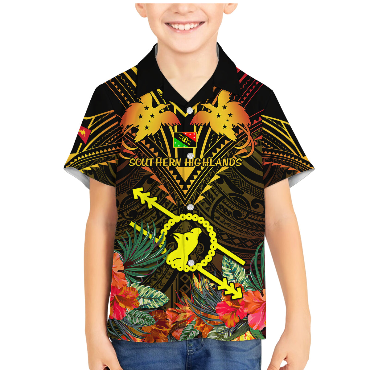 Papua New Guinea Southern Highlands Province Family Matching Mermaid Dress and Hawaiian Shirt Papua Niugini Coat Of Arms With Flag Style - Wonder Print Shop