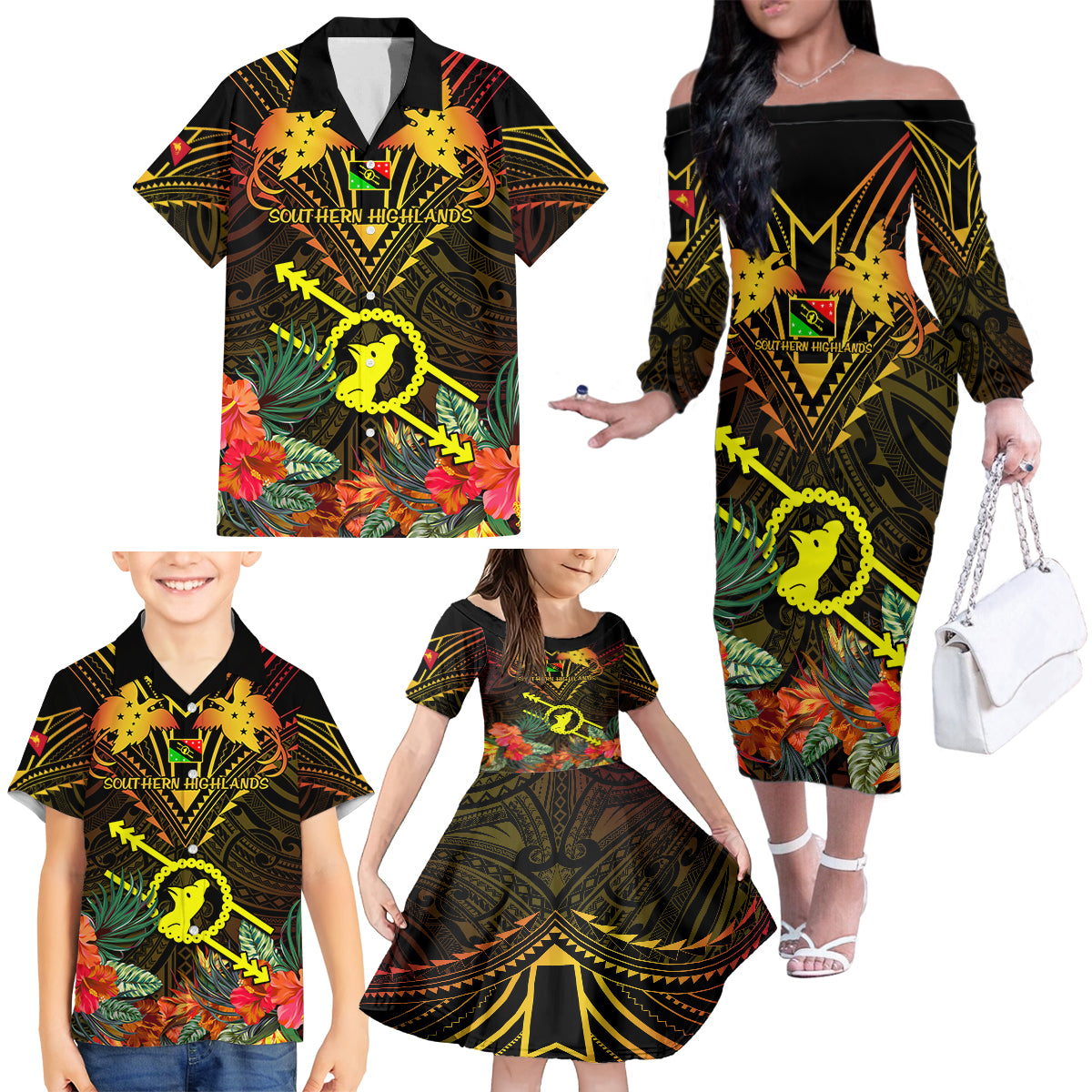 Papua New Guinea Southern Highlands Province Family Matching Off Shoulder Long Sleeve Dress and Hawaiian Shirt Papua Niugini Coat Of Arms With Flag Style - Wonder Print Shop