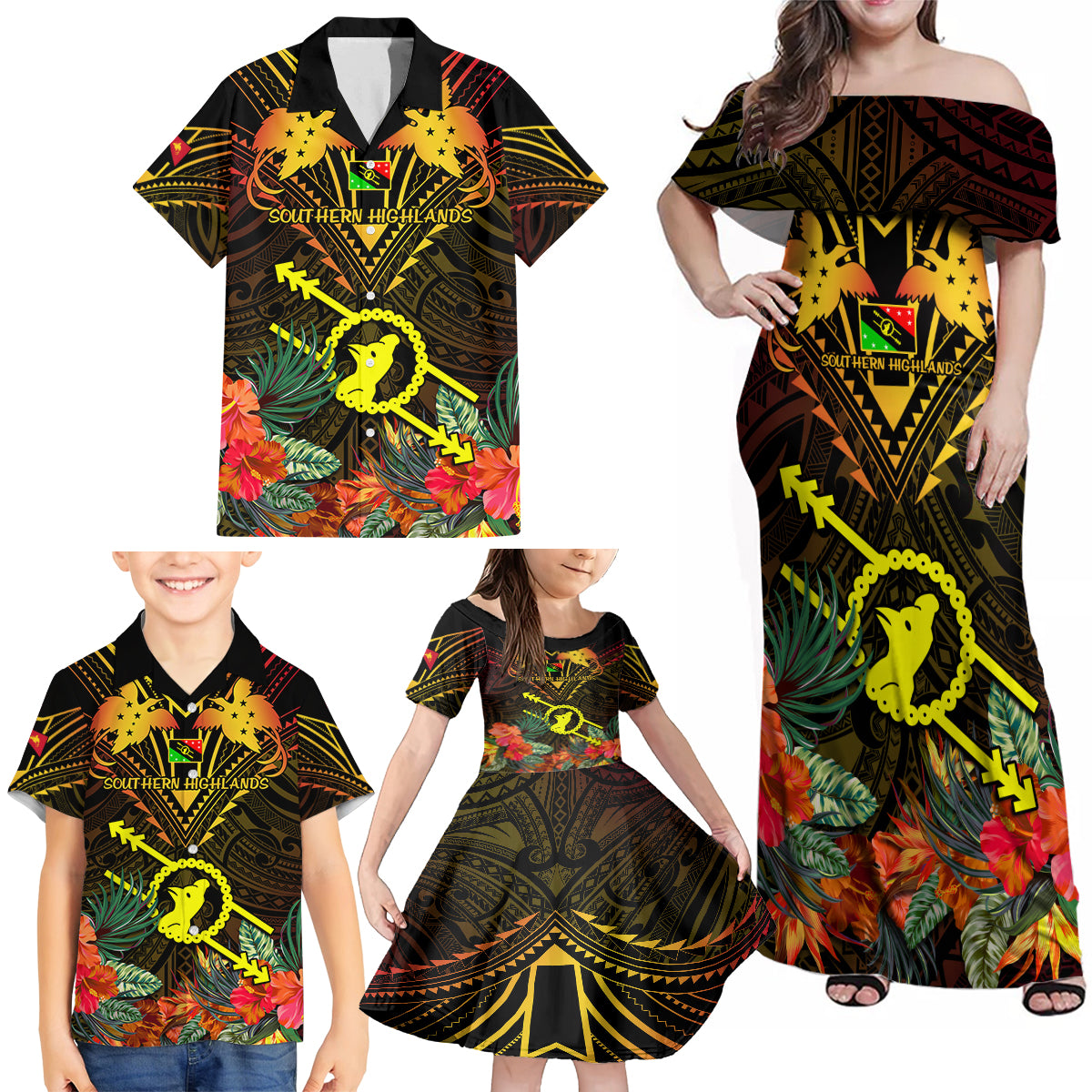 Papua New Guinea Southern Highlands Province Family Matching Off Shoulder Maxi Dress and Hawaiian Shirt Papua Niugini Coat Of Arms With Flag Style - Wonder Print Shop