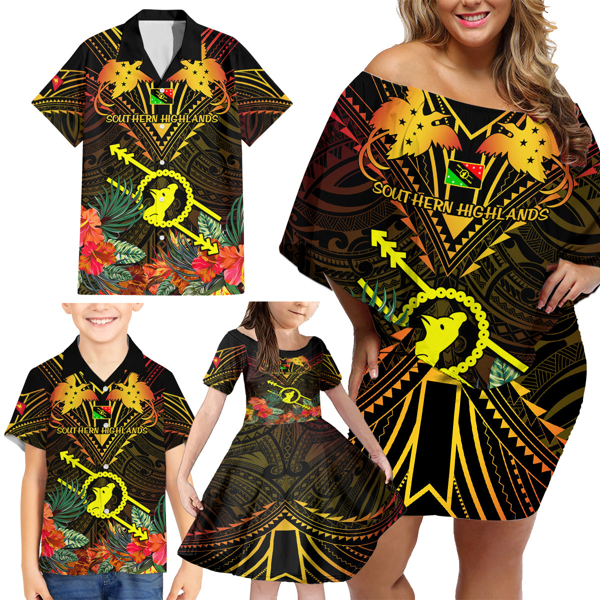 Papua New Guinea Southern Highlands Province Family Matching Off Shoulder Short Dress and Hawaiian Shirt Papua Niugini Coat Of Arms With Flag Style - Wonder Print Shop