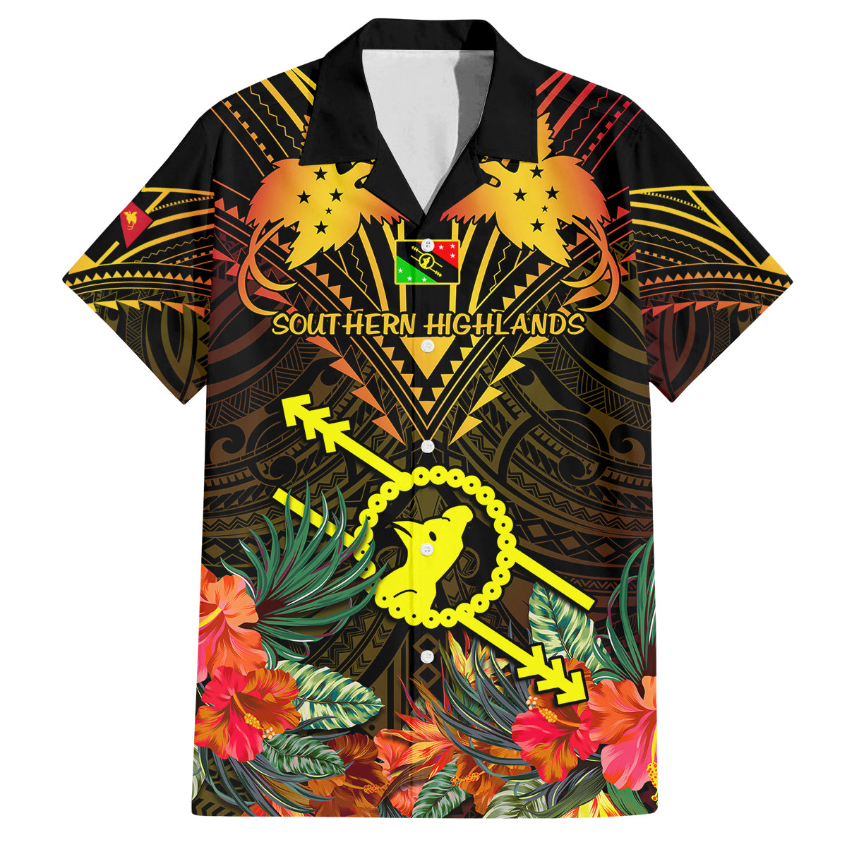 Papua New Guinea Southern Highlands Province Family Matching Off Shoulder Short Dress and Hawaiian Shirt Papua Niugini Coat Of Arms With Flag Style - Wonder Print Shop