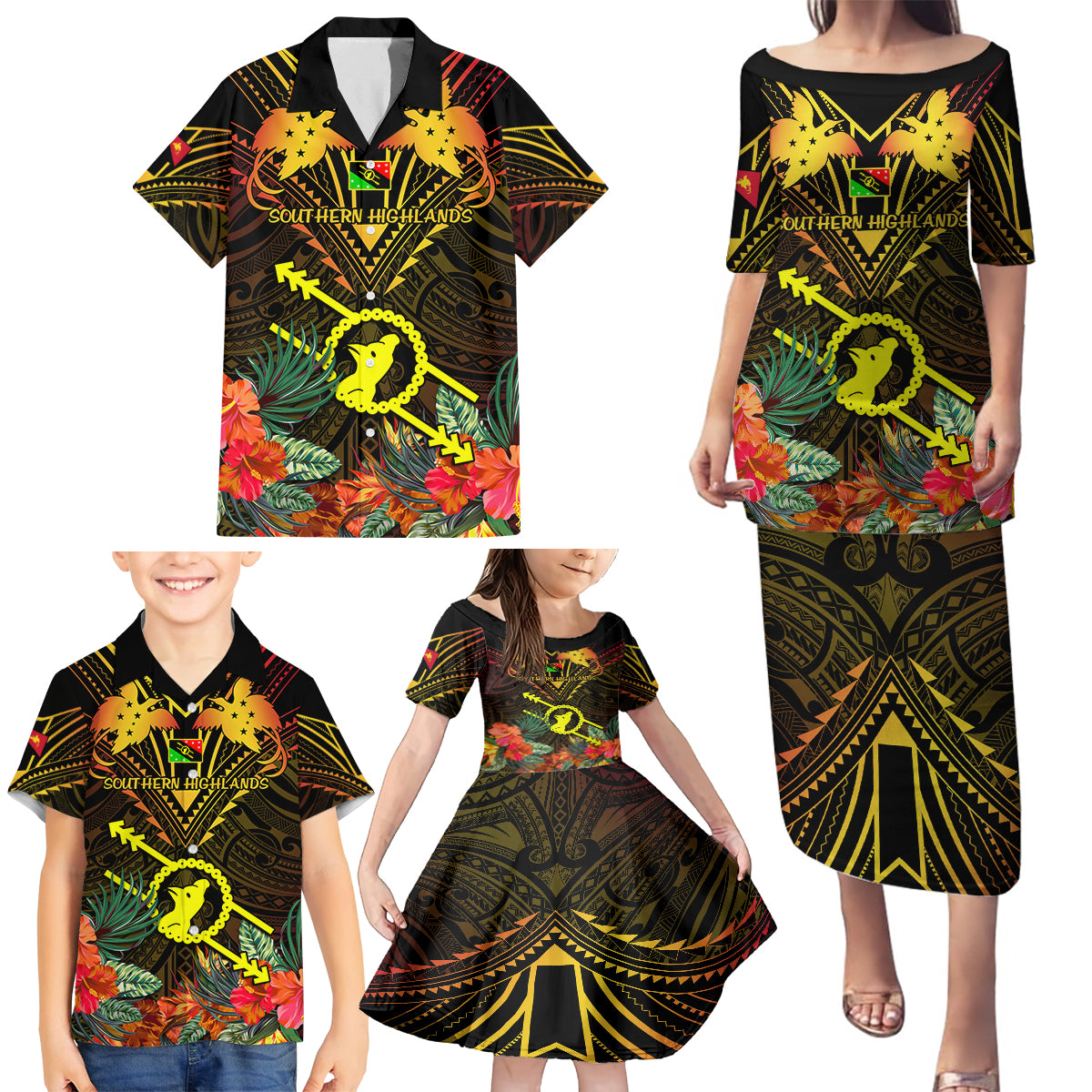 Papua New Guinea Southern Highlands Province Family Matching Puletasi Dress and Hawaiian Shirt Papua Niugini Coat Of Arms With Flag Style - Wonder Print Shop