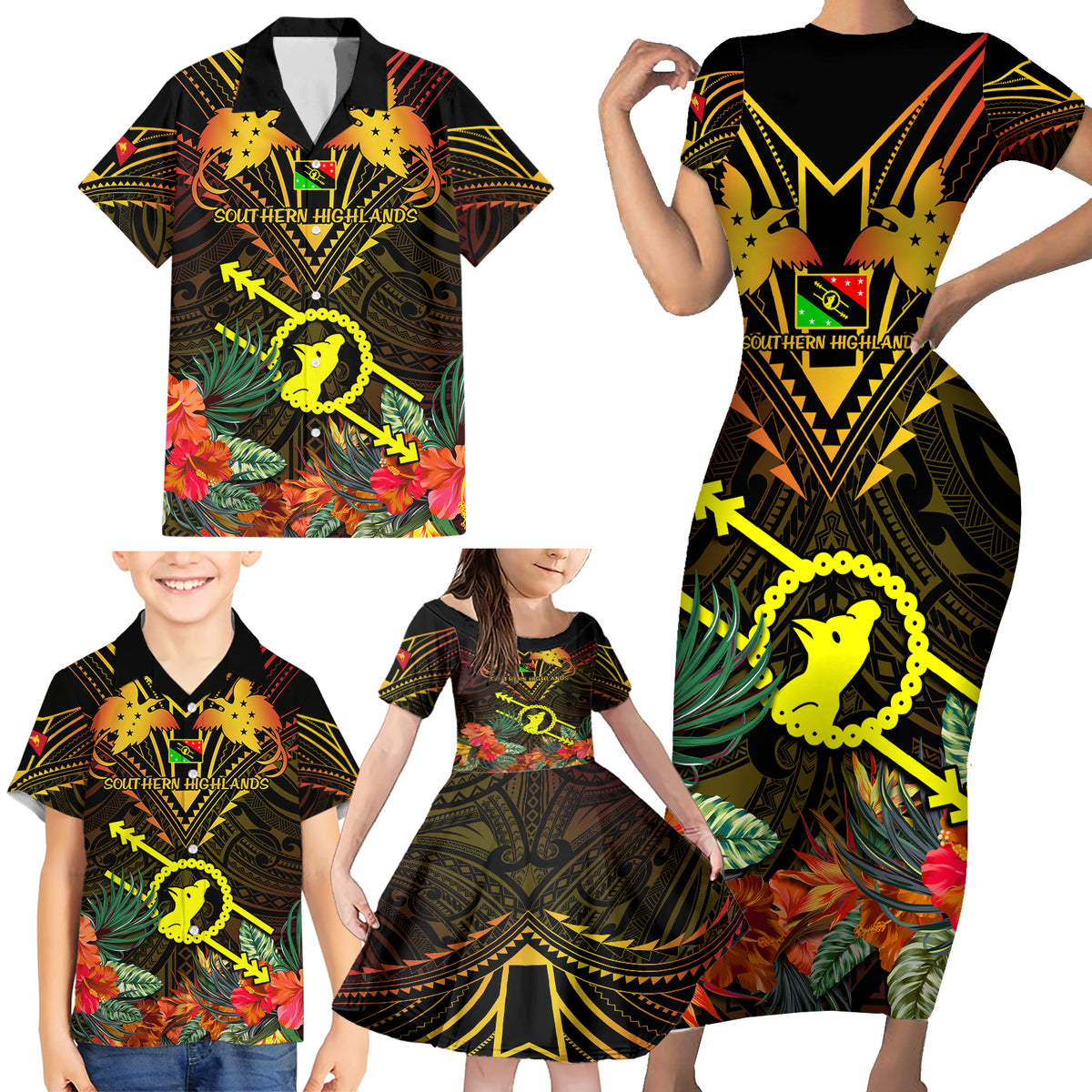 Papua New Guinea Southern Highlands Province Family Matching Short Sleeve Bodycon Dress and Hawaiian Shirt Papua Niugini Coat Of Arms With Flag Style - Wonder Print Shop
