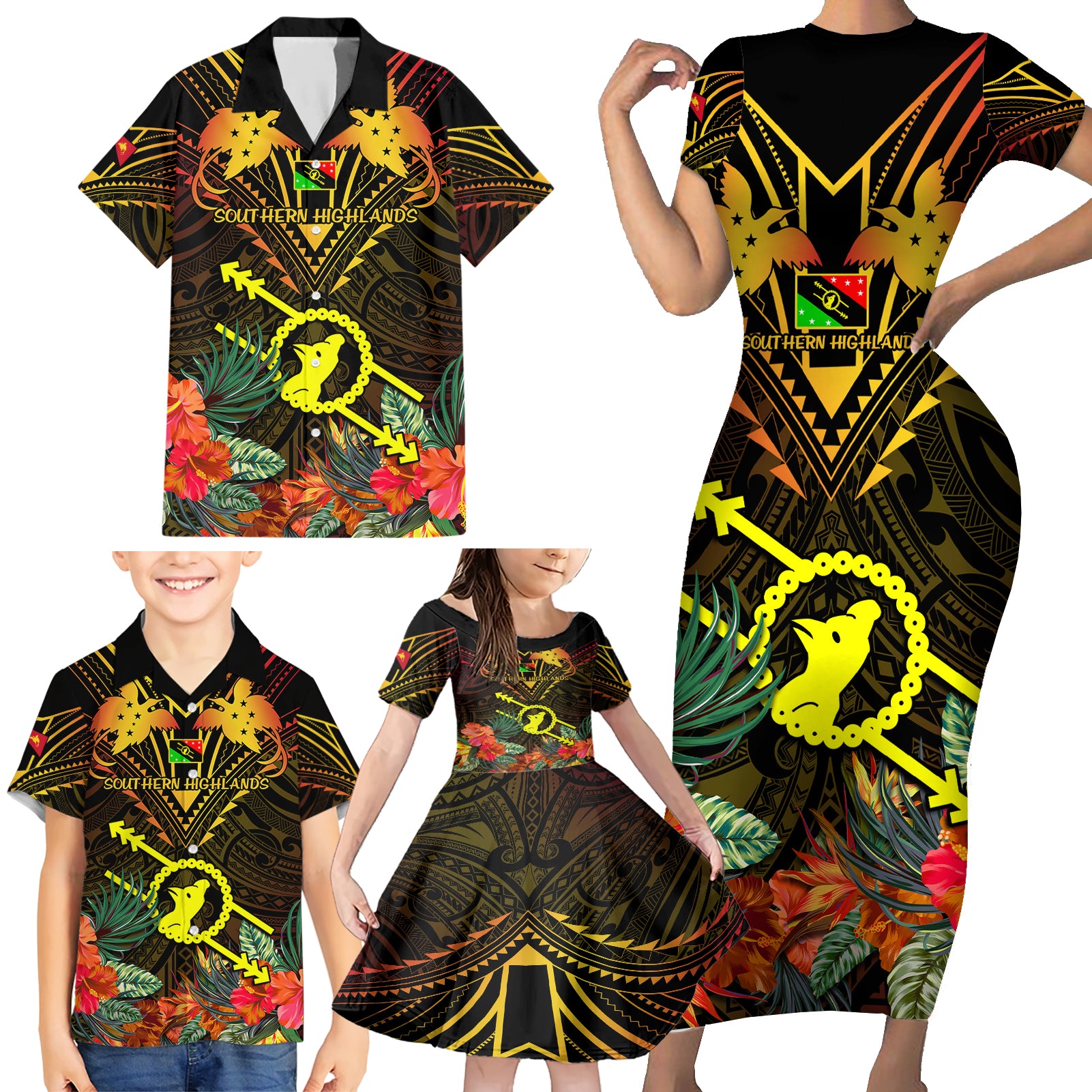 Papua New Guinea Southern Highlands Province Family Matching Short Sleeve Bodycon Dress and Hawaiian Shirt Papua Niugini Coat Of Arms With Flag Style - Wonder Print Shop