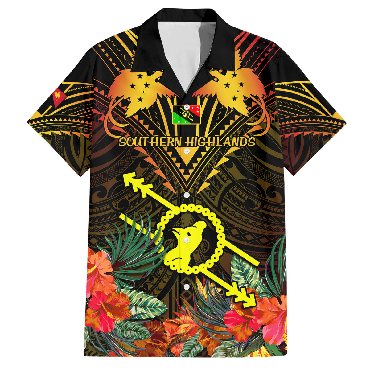 Papua New Guinea Southern Highlands Province Family Matching Short Sleeve Bodycon Dress and Hawaiian Shirt Papua Niugini Coat Of Arms With Flag Style - Wonder Print Shop