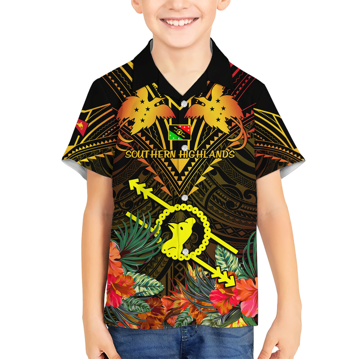 Papua New Guinea Southern Highlands Province Family Matching Short Sleeve Bodycon Dress and Hawaiian Shirt Papua Niugini Coat Of Arms With Flag Style - Wonder Print Shop