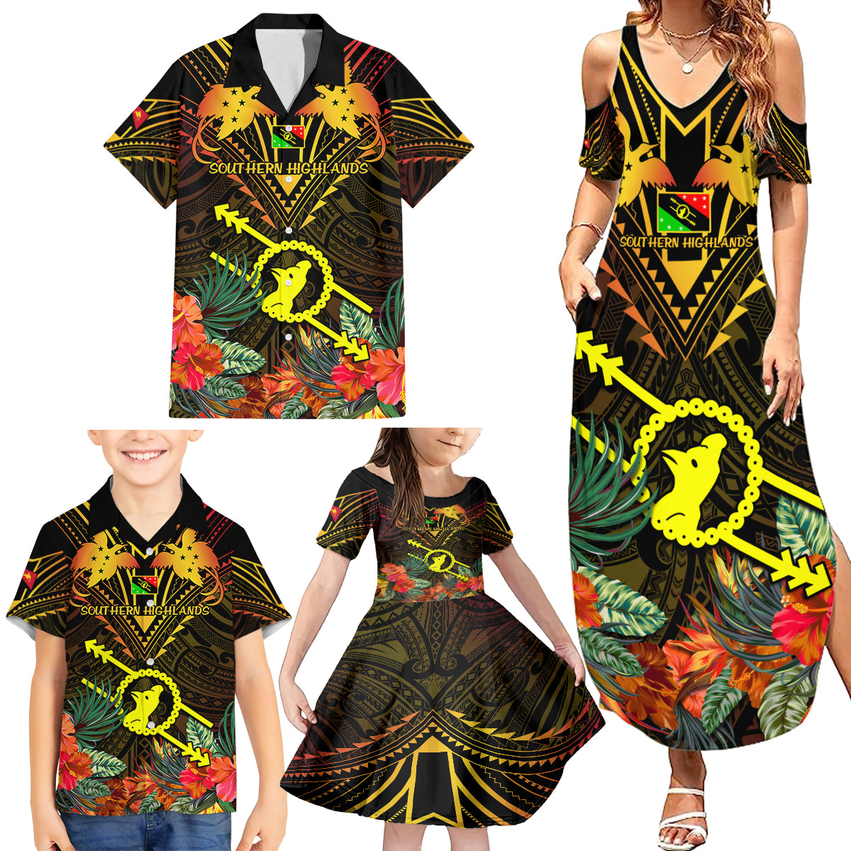 Papua New Guinea Southern Highlands Province Family Matching Summer Maxi Dress and Hawaiian Shirt Papua Niugini Coat Of Arms With Flag Style - Wonder Print Shop