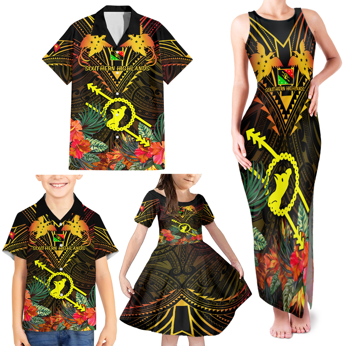 Papua New Guinea Southern Highlands Province Family Matching Tank Maxi Dress and Hawaiian Shirt Papua Niugini Coat Of Arms With Flag Style - Wonder Print Shop