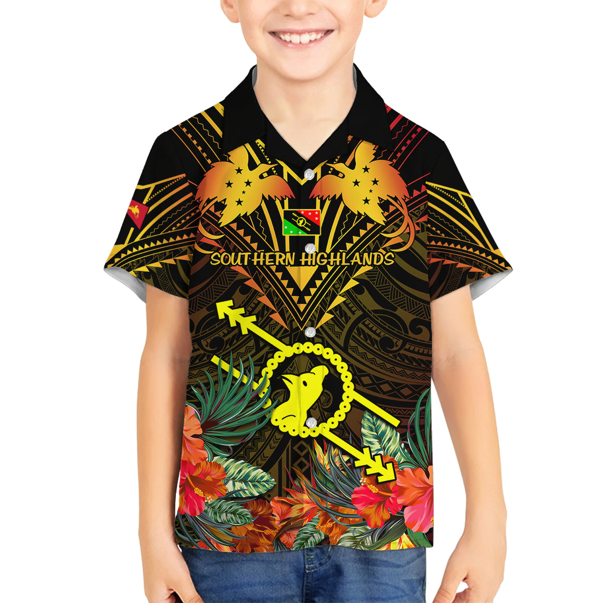 Papua New Guinea Southern Highlands Province Kid Hawaiian Shirt Papua Niugini Coat Of Arms With Flag Style - Wonder Print Shop