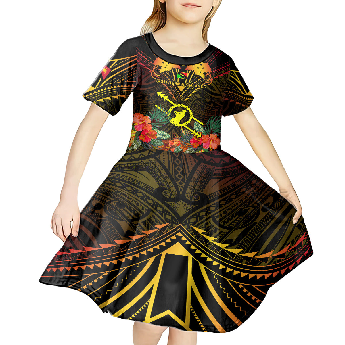 Papua New Guinea Southern Highlands Province Kid Short Sleeve Dress Papua Niugini Coat Of Arms With Flag Style - Wonder Print Shop