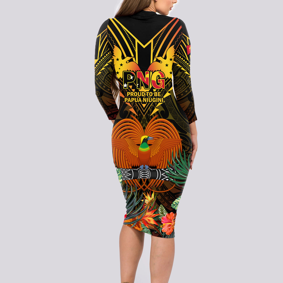 Papua New Guinea Southern Highlands Province Long Sleeve Bodycon Dress Papua Niugini Coat Of Arms With Flag Style - Wonder Print Shop