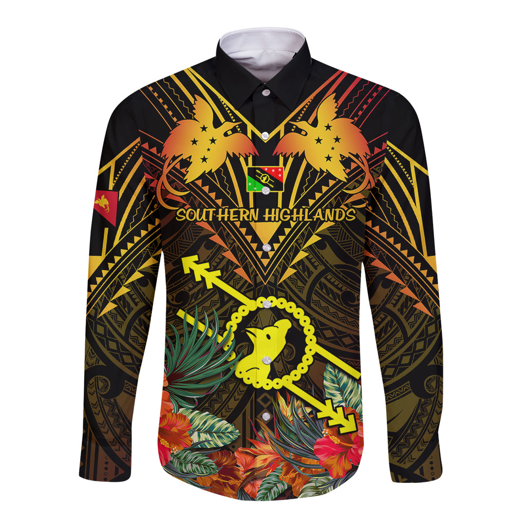Papua New Guinea Southern Highlands Province Long Sleeve Button Shirt Papua Niugini Coat Of Arms With Flag Style - Wonder Print Shop