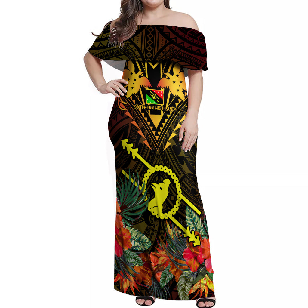 Papua New Guinea Southern Highlands Province Off Shoulder Maxi Dress Papua Niugini Coat Of Arms With Flag Style - Wonder Print Shop