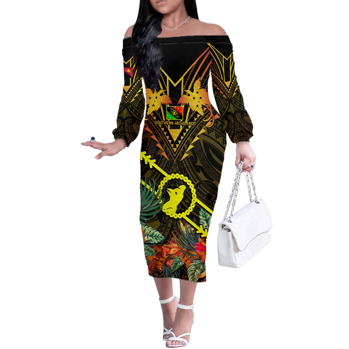 Papua New Guinea Southern Highlands Province Off The Shoulder Long Sleeve Dress Papua Niugini Coat Of Arms With Flag Style - Wonder Print Shop