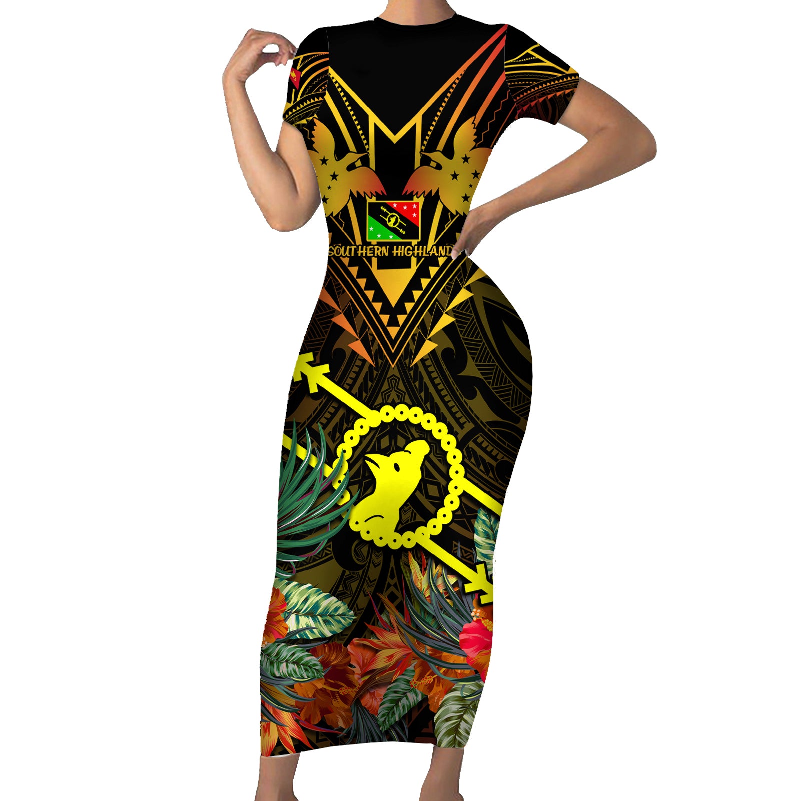 Papua New Guinea Southern Highlands Province Short Sleeve Bodycon Dress Papua Niugini Coat Of Arms With Flag Style - Wonder Print Shop