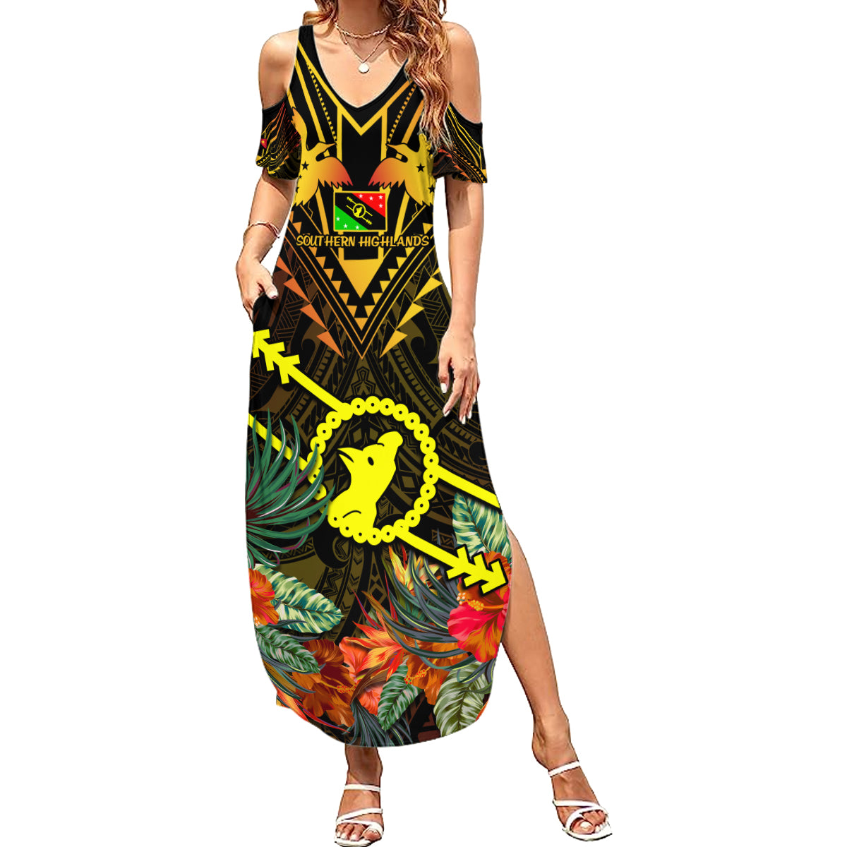 Papua New Guinea Southern Highlands Province Summer Maxi Dress Papua Niugini Coat Of Arms With Flag Style - Wonder Print Shop