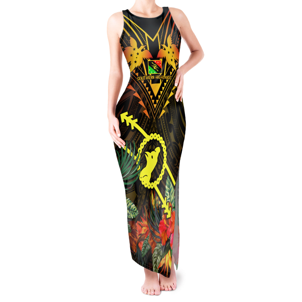 Papua New Guinea Southern Highlands Province Tank Maxi Dress Papua Niugini Coat Of Arms With Flag Style - Wonder Print Shop