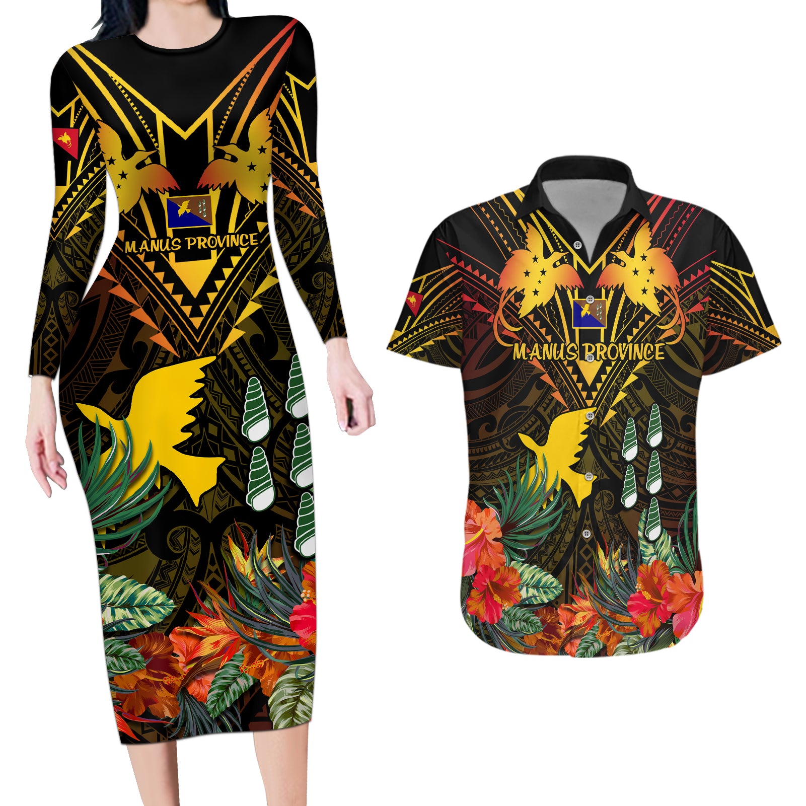 Papua New Guinea Manus Province Couples Matching Long Sleeve Bodycon Dress and Hawaiian Shirt Papua Niugini Coat Of Arms With Flag Style - Wonder Print Shop
