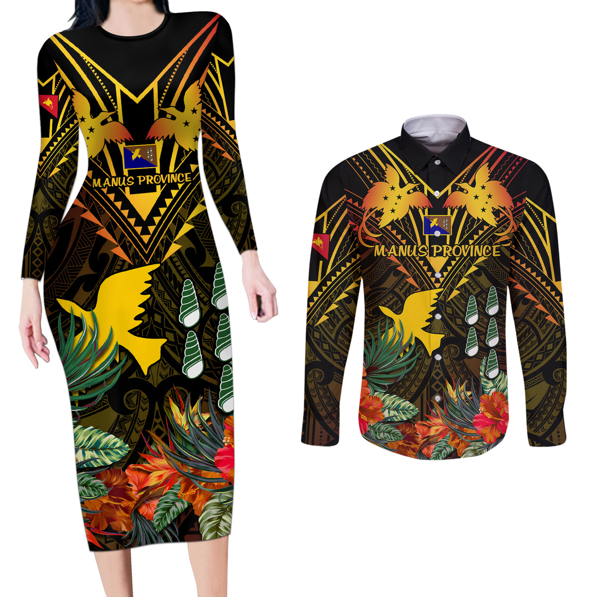 Papua New Guinea Manus Province Couples Matching Long Sleeve Bodycon Dress and Long Sleeve Button Shirts Papua Niugini Coat Of Arms With Flag Style - Wonder Print Shop