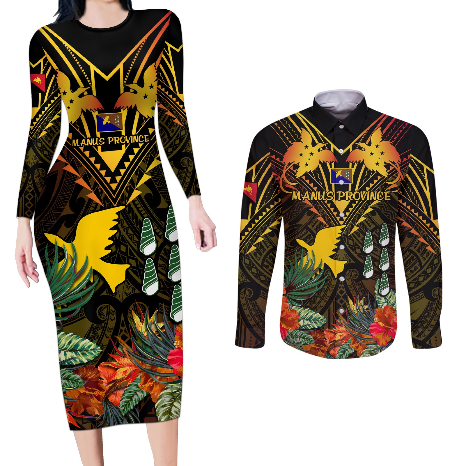 Papua New Guinea Manus Province Couples Matching Long Sleeve Bodycon Dress and Long Sleeve Button Shirts Papua Niugini Coat Of Arms With Flag Style - Wonder Print Shop