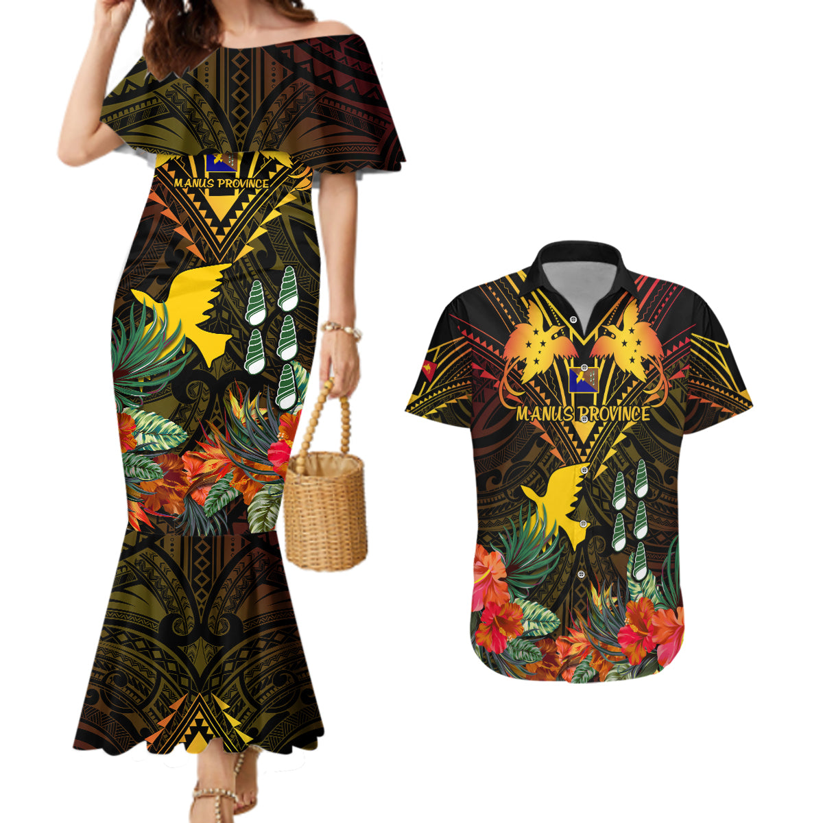 Papua New Guinea Manus Province Couples Matching Mermaid Dress and Hawaiian Shirt Papua Niugini Coat Of Arms With Flag Style - Wonder Print Shop