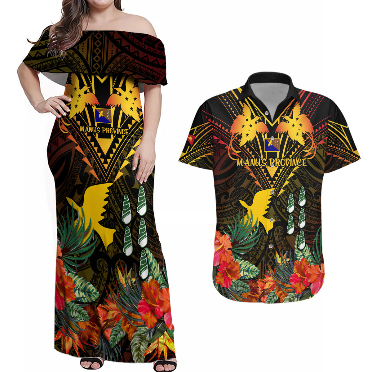 Papua New Guinea Manus Province Couples Matching Off Shoulder Maxi Dress and Hawaiian Shirt Papua Niugini Coat Of Arms With Flag Style - Wonder Print Shop