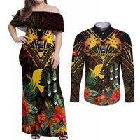 Papua New Guinea Manus Province Couples Matching Off Shoulder Maxi Dress and Long Sleeve Button Shirts Papua Niugini Coat Of Arms With Flag Style - Wonder Print Shop