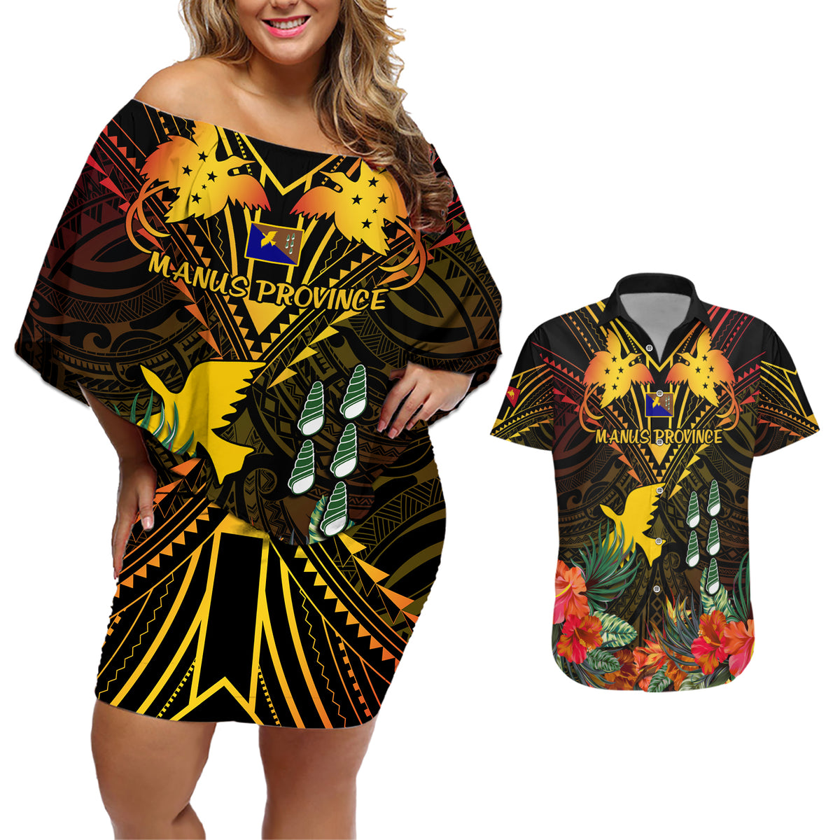 Papua New Guinea Manus Province Couples Matching Off Shoulder Short Dress and Hawaiian Shirt Papua Niugini Coat Of Arms With Flag Style - Wonder Print Shop