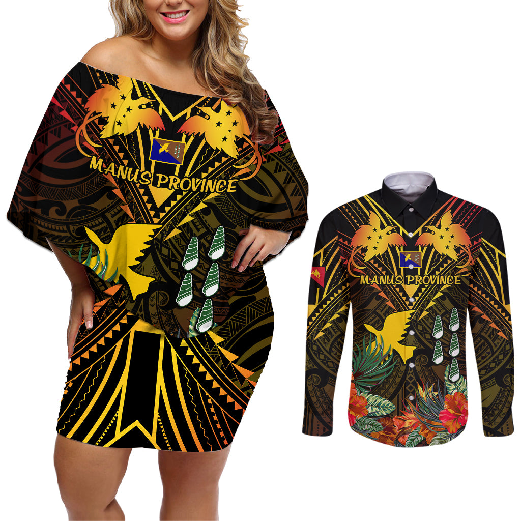 Papua New Guinea Manus Province Couples Matching Off Shoulder Short Dress and Long Sleeve Button Shirts Papua Niugini Coat Of Arms With Flag Style - Wonder Print Shop