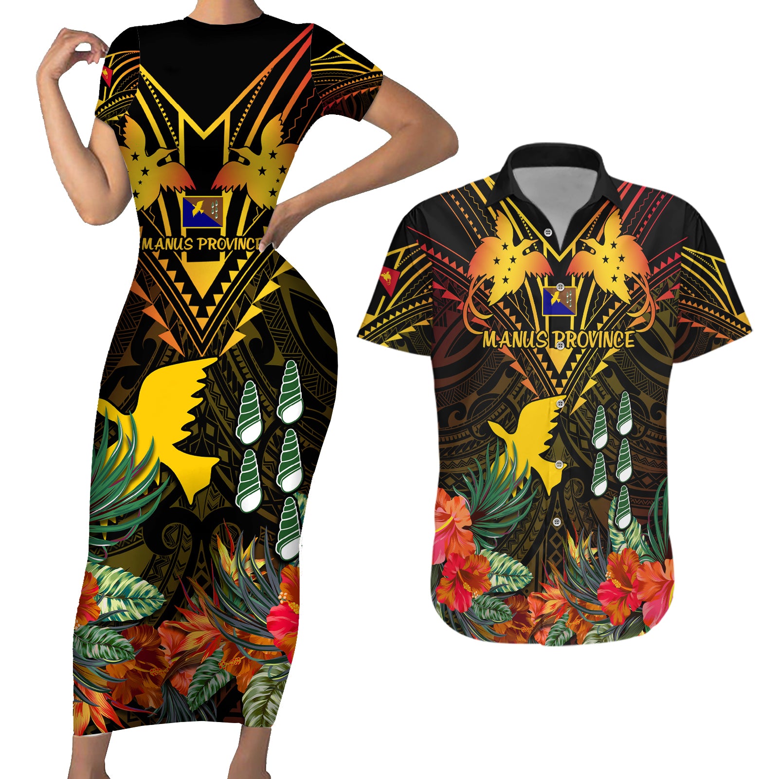Papua New Guinea Manus Province Couples Matching Short Sleeve Bodycon Dress and Hawaiian Shirt Papua Niugini Coat Of Arms With Flag Style - Wonder Print Shop