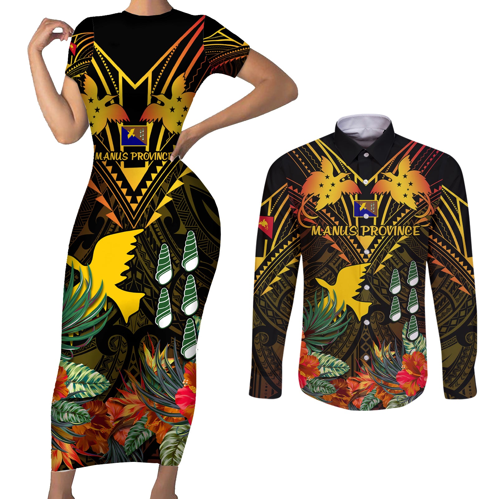 Papua New Guinea Manus Province Couples Matching Short Sleeve Bodycon Dress and Long Sleeve Button Shirts Papua Niugini Coat Of Arms With Flag Style - Wonder Print Shop