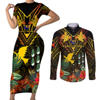 Papua New Guinea Manus Province Couples Matching Short Sleeve Bodycon Dress and Long Sleeve Button Shirts Papua Niugini Coat Of Arms With Flag Style - Wonder Print Shop