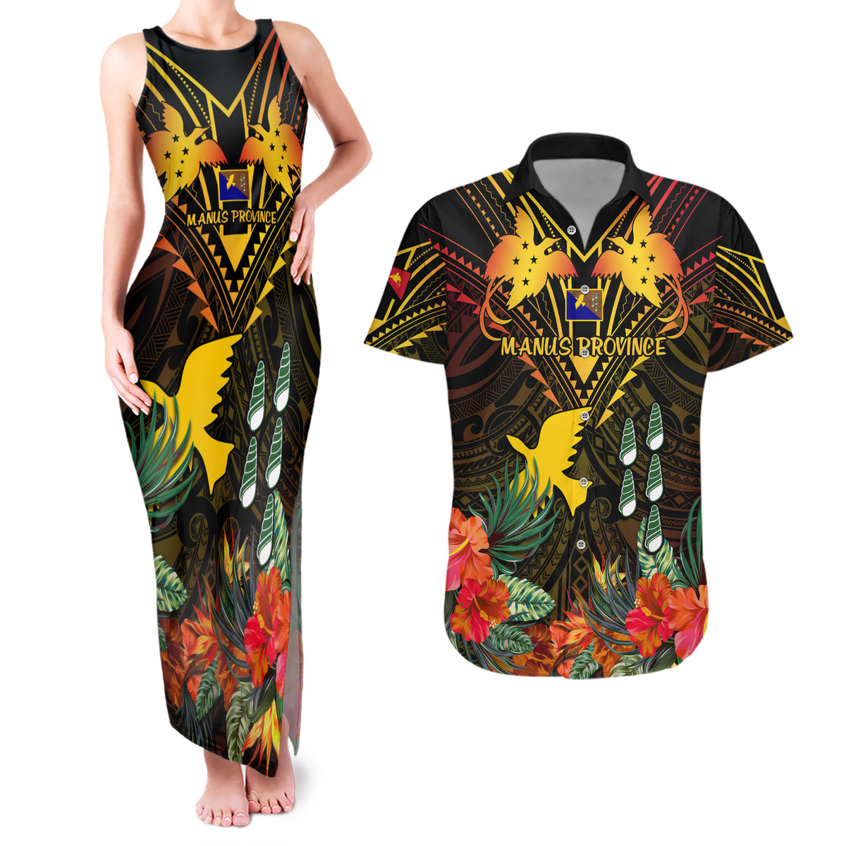 Papua New Guinea Manus Province Couples Matching Tank Maxi Dress and Hawaiian Shirt Papua Niugini Coat Of Arms With Flag Style - Wonder Print Shop