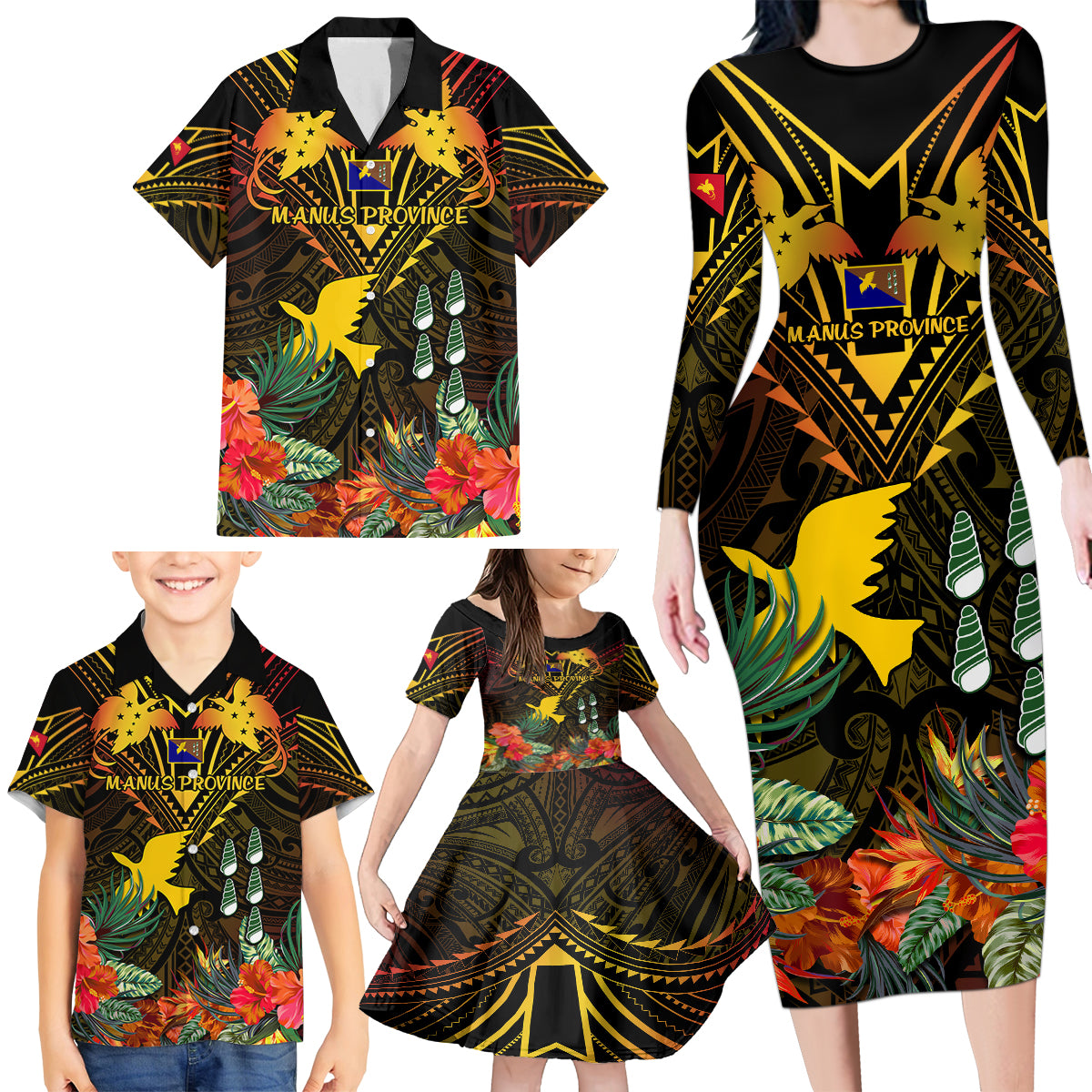 Papua New Guinea Manus Province Family Matching Long Sleeve Bodycon Dress and Hawaiian Shirt Papua Niugini Coat Of Arms With Flag Style - Wonder Print Shop