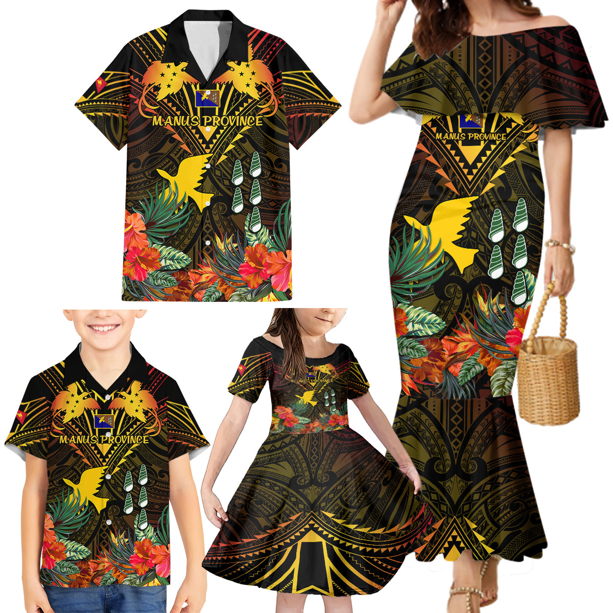 Papua New Guinea Manus Province Family Matching Mermaid Dress and Hawaiian Shirt Papua Niugini Coat Of Arms With Flag Style - Wonder Print Shop