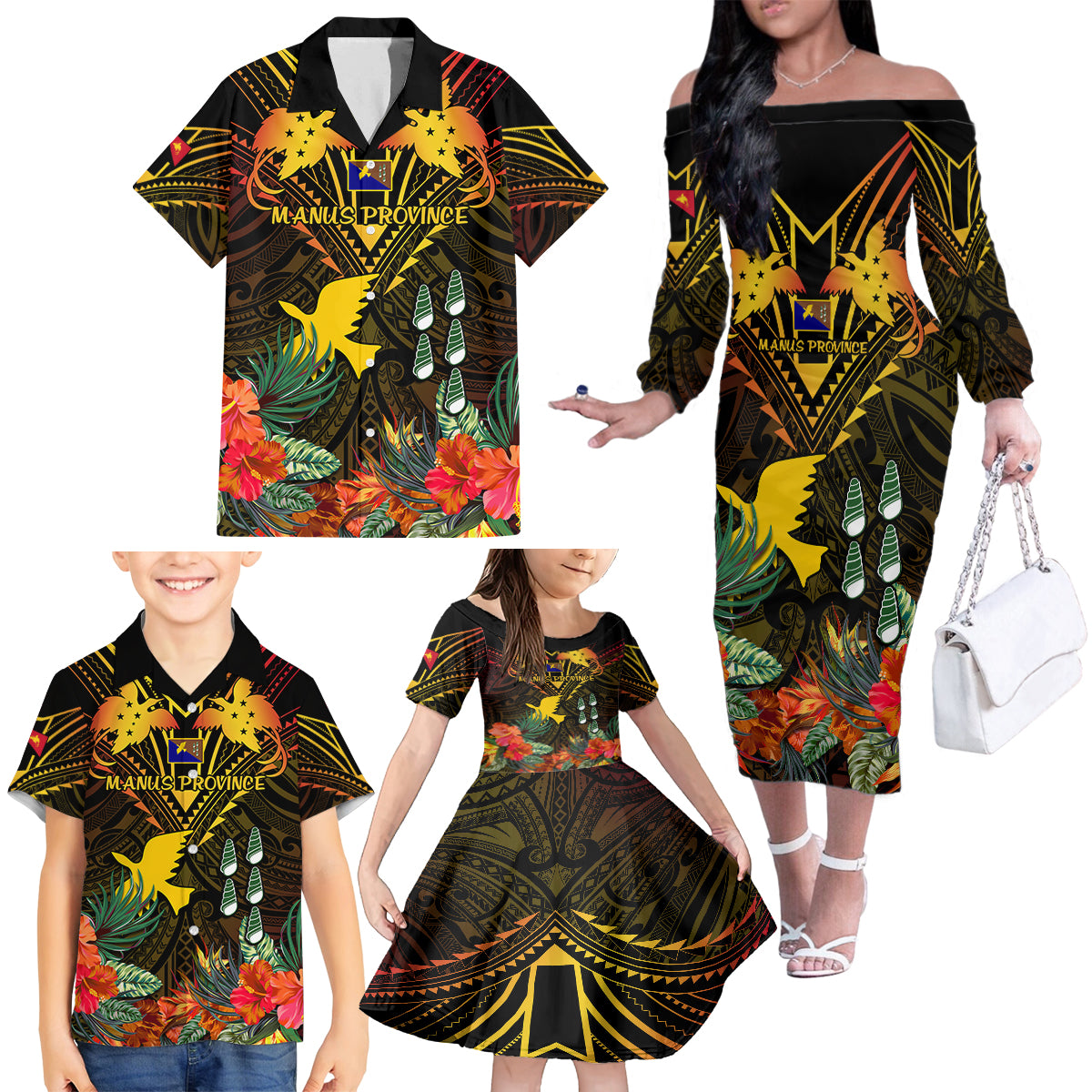 Papua New Guinea Manus Province Family Matching Off Shoulder Long Sleeve Dress and Hawaiian Shirt Papua Niugini Coat Of Arms With Flag Style - Wonder Print Shop